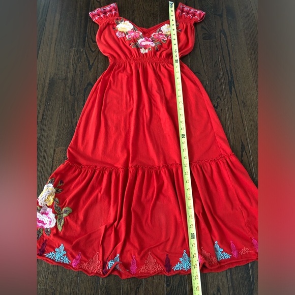 Johnny Was Women’s S Red Floral V-Neck Embroidered Midi Fit & Flare Dress - Picture 7 of 13
